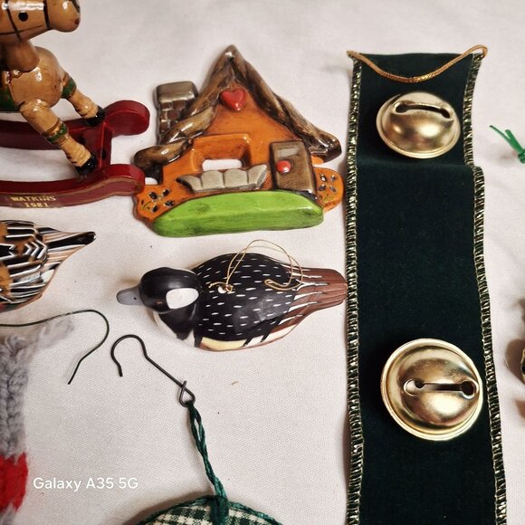 Vintage Christmas Ornaments Set Of 18 With Santa Bells Stockings & Wooden Decora - Picture 3 of 10